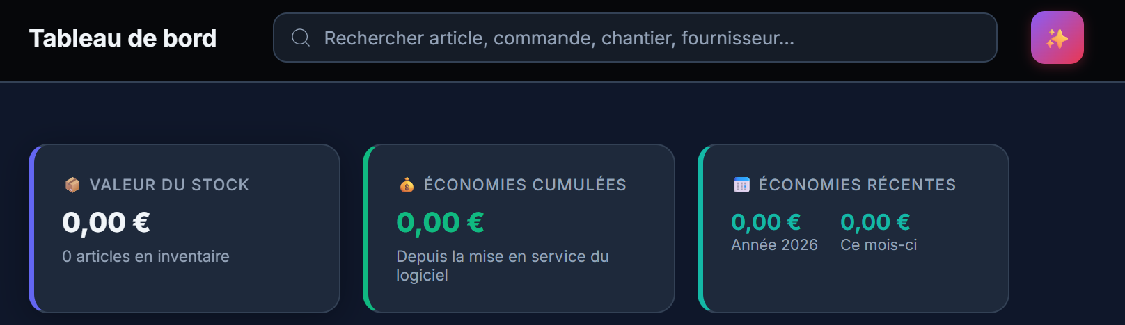 Vue d'ensemble du tableau de bord Bouton Magique avec valeur du stock et économies cumulées