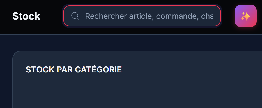 Vue Stock avec recherche d'articles dans le tableau de bord Bouton Magique