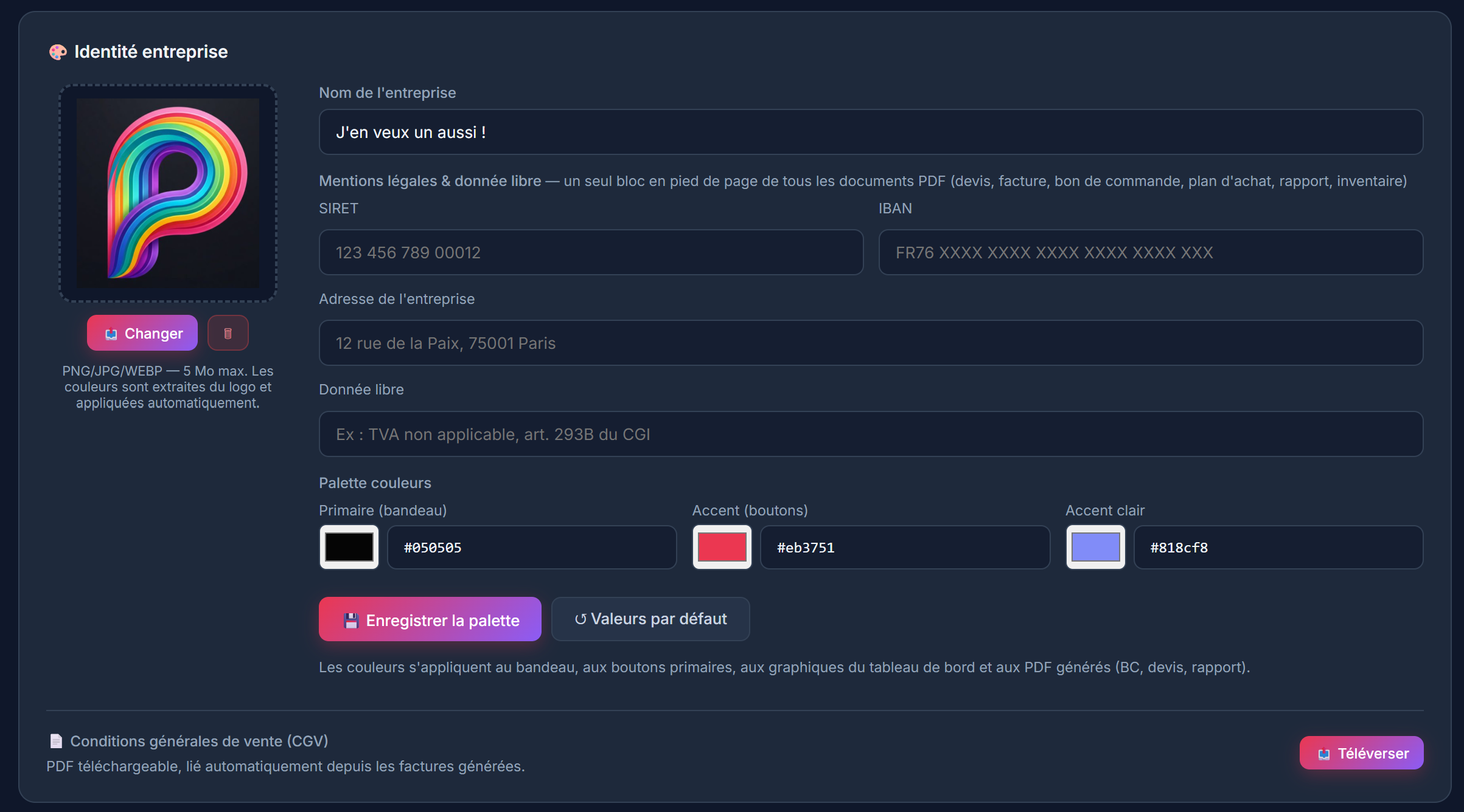 Panneau de personnalisation de l'identité entreprise dans le tableau de bord Bouton Magique